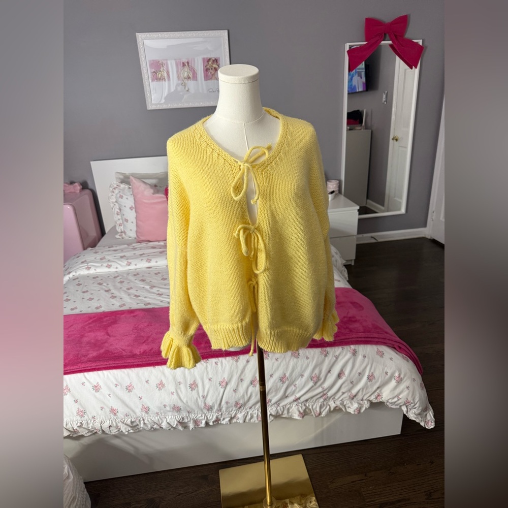 Yellow Ruffle Tie-Front Sweater